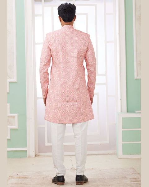 Dark Pink & Off White Banarasi Jacquard Indo Western Sherwani Set For Men