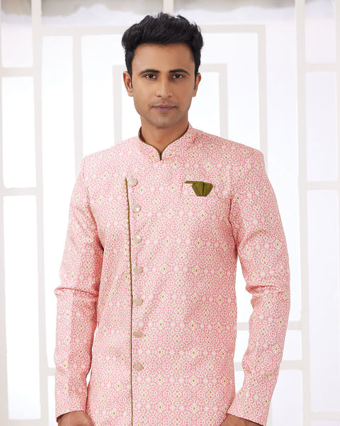 Dark Pink & Off White Banarasi Jacquard Indo Western Sherwani Set For Men