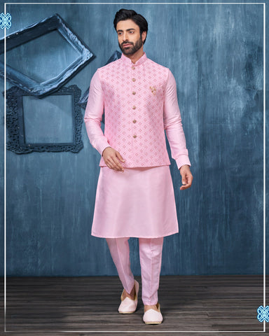 Pink Banarasi Art Silk Man Kurta Pajama With Embroidered Jacket