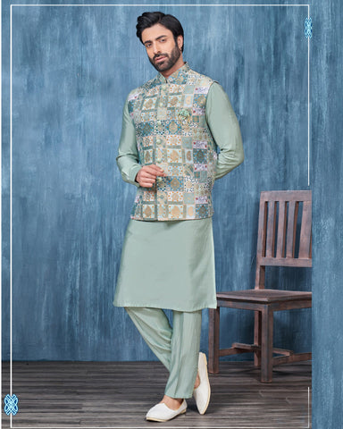 Green Banarasi Art Silk Man Kurta Pajama With Digital Print Jacquard Jacket