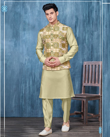 Pista Green Banarasi Art Silk Man Kurta Pajama With Digital Print Jacquard Jacket