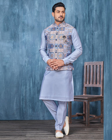 Blue Banarasi Art Silk Man Kurta Pajama With Digital Print Jacquard Jacket