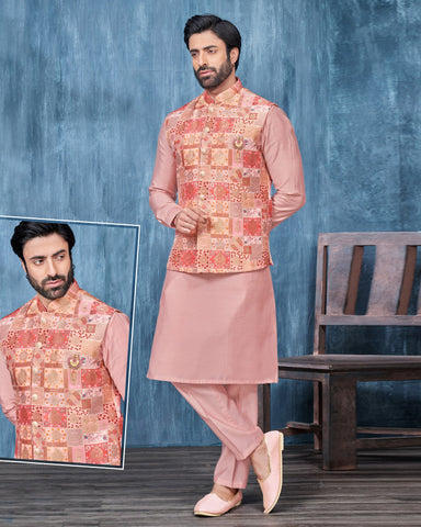 Peach Banarasi Art Silk Man Kurta Pajama With Digital Print Jacquard Jacket