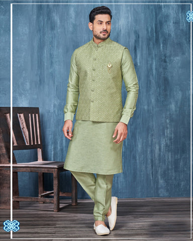 Green Banarasi Art Silk Man Kurta Pajama With Embroidered Jacket