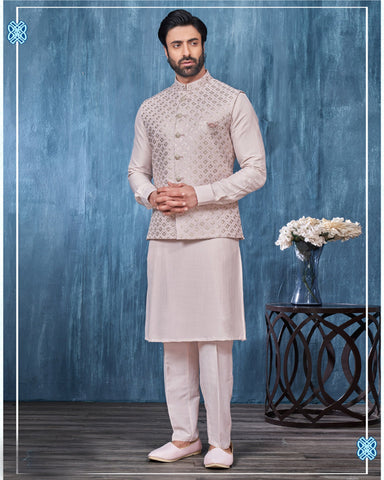 Light Lavender Banarasi Art Silk Man Kurta Pajama With Embroidered Jacket