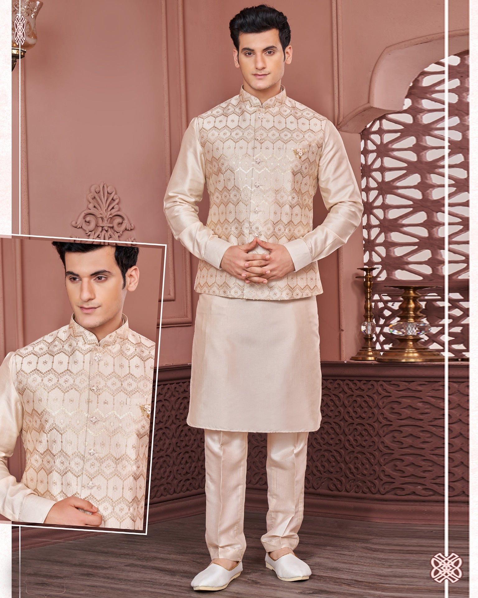Beige Banarasi Art Silk Man Kurta Pajama With Embroidered Jacket