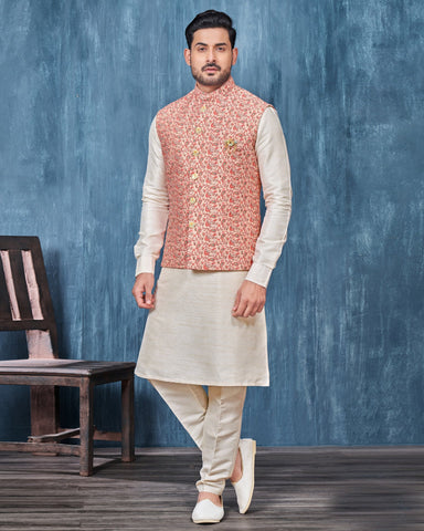 Cream Banarasi Art Silk Man Kurta Pajama With Pink Embroidered Jacket
