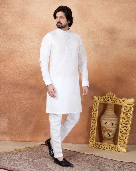 Off White Art Silk Readymade Men Kurta Pajama Set