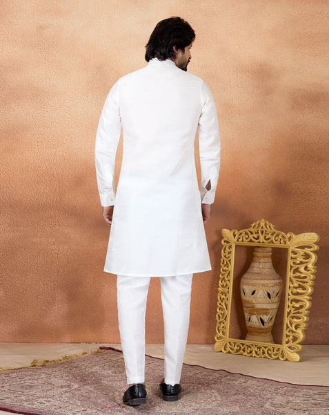 Off White Art Silk Readymade Men Kurta Pajama Set