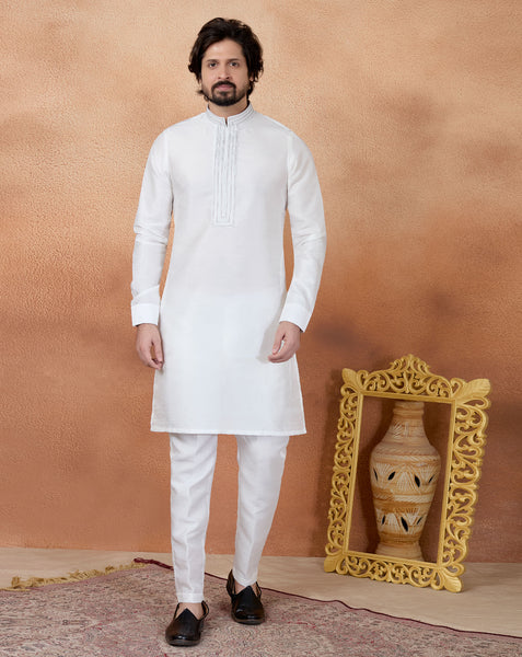 Off White Art Silk Readymade Men Kurta Pajama Set