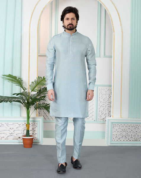 Grey Art Silk Readymade Men Kurta Pajama Set