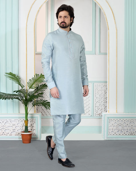Grey Art Silk Readymade Men Kurta Pajama Set