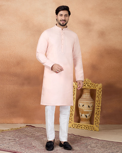 Pink & White Art Silk Readymade Men Kurta Pajama Set