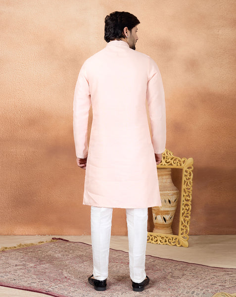 Pink & White Art Silk Readymade Men Kurta Pajama Set