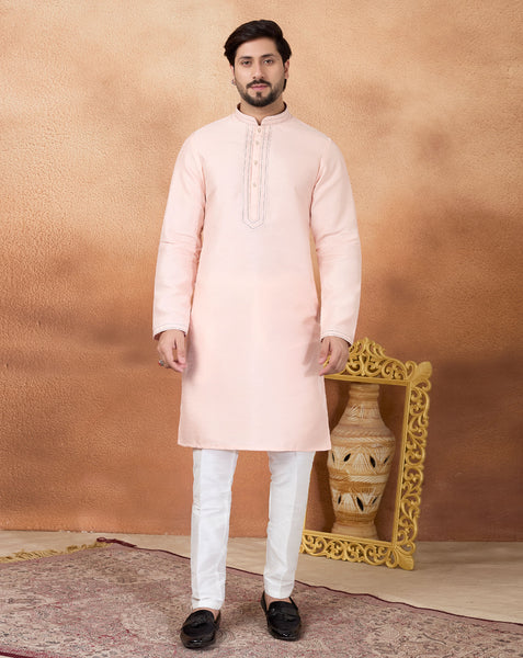 Pink & White Art Silk Readymade Men Kurta Pajama Set