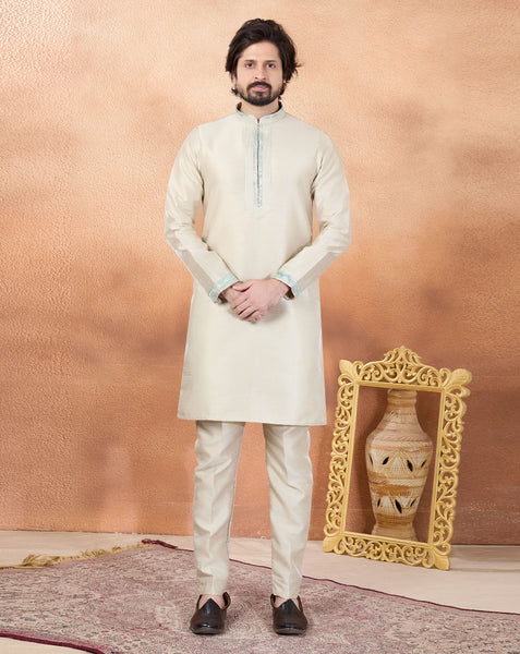 Beige Art Silk Readymade Men Kurta Pajama Set