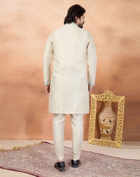 Beige Art Silk Readymade Men Kurta Pajama Set
