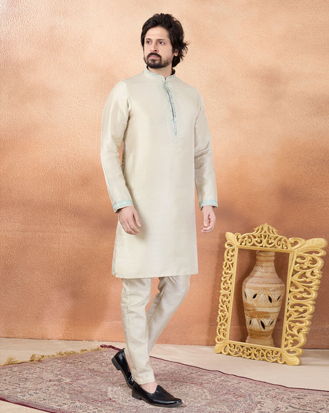 Beige Art Silk Readymade Men Kurta Pajama Set