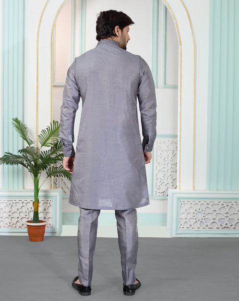 Grey Art Silk Readymade Men Kurta Pajama Set