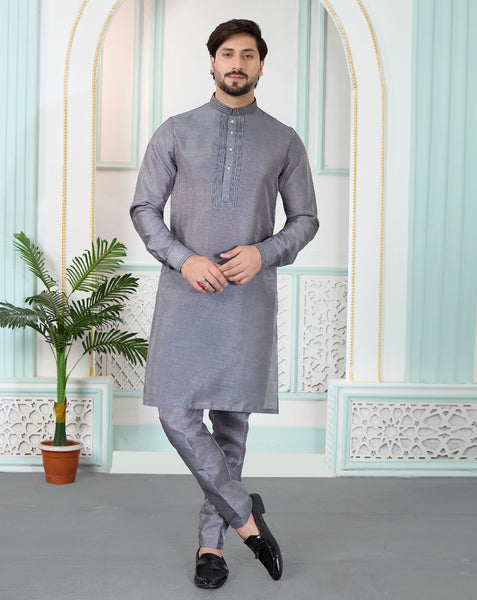 Grey Art Silk Readymade Men Kurta Pajama Set