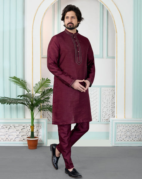 Maroon Art Silk Readymade Men Kurta Pajama Set
