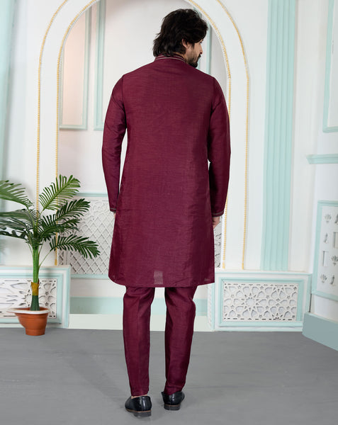 Maroon Art Silk Readymade Men Kurta Pajama Set