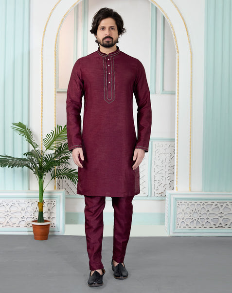 Maroon Art Silk Readymade Men Kurta Pajama Set
