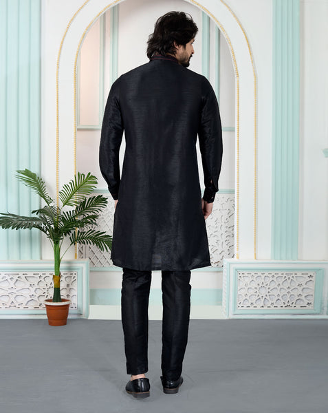 Black Art Silk Readymade Men Kurta Pajama Set