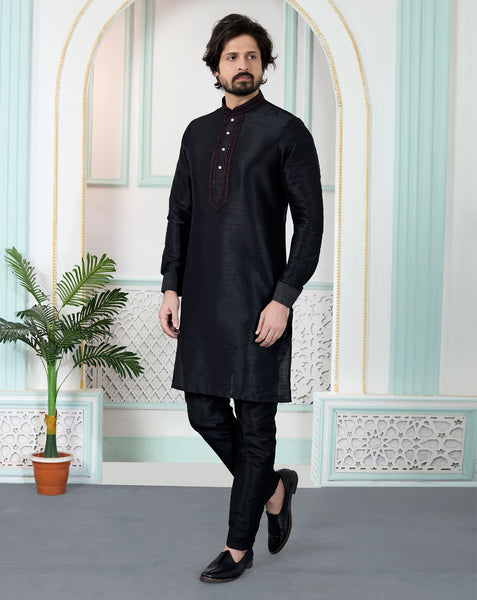 Black Art Silk Readymade Men Kurta Pajama Set