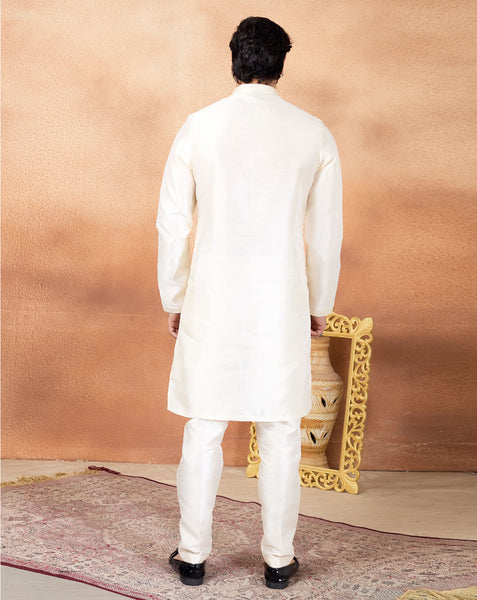Cream Art Silk Readymade Men Kurta Pajama Set