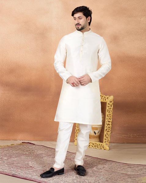 Cream Art Silk Readymade Men Kurta Pajama Set