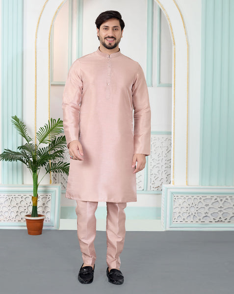 Onion Pink Art Silk Readymade Men Kurta Pajama Set