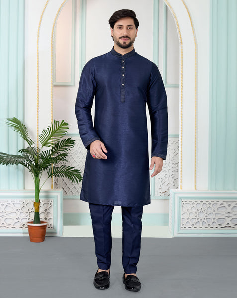 Blue Art Silk Readymade Men Kurta Pajama Set