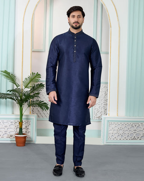 Blue Art Silk Readymade Men Kurta Pajama Set