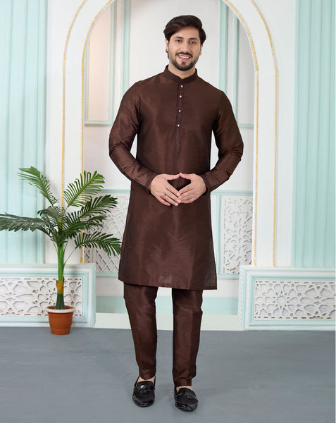 Brown Art Silk Readymade Men Kurta Pajama Set
