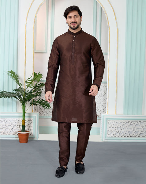 Brown Art Silk Readymade Men Kurta Pajama Set