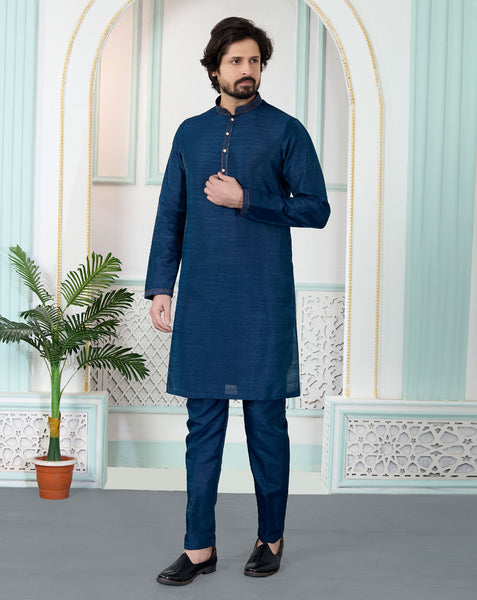 Blue Art Silk Readymade Men Kurta Pajama Set