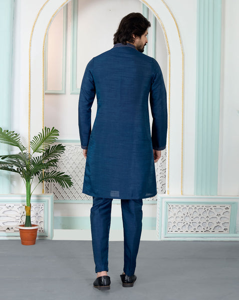 Blue Art Silk Readymade Men Kurta Pajama Set