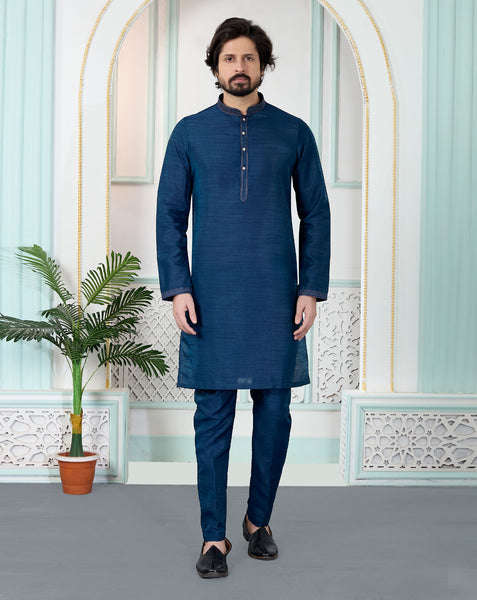 Blue Art Silk Readymade Men Kurta Pajama Set