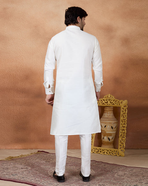 Off White Art Silk Readymade Men Kurta Pajama Set