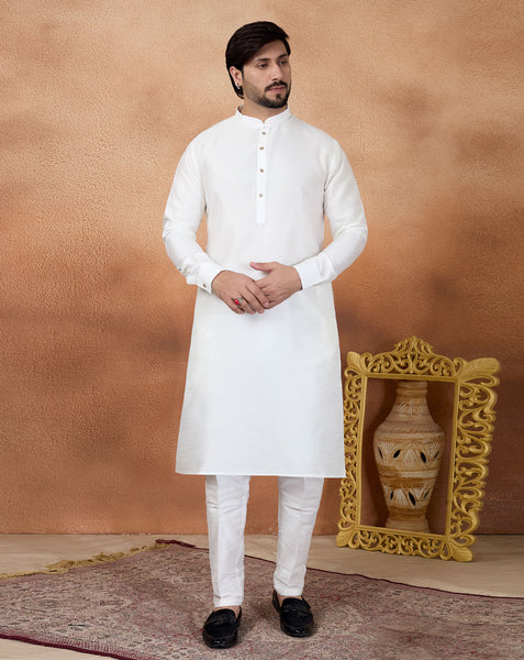 Off White Art Silk Readymade Men Kurta Pajama Set