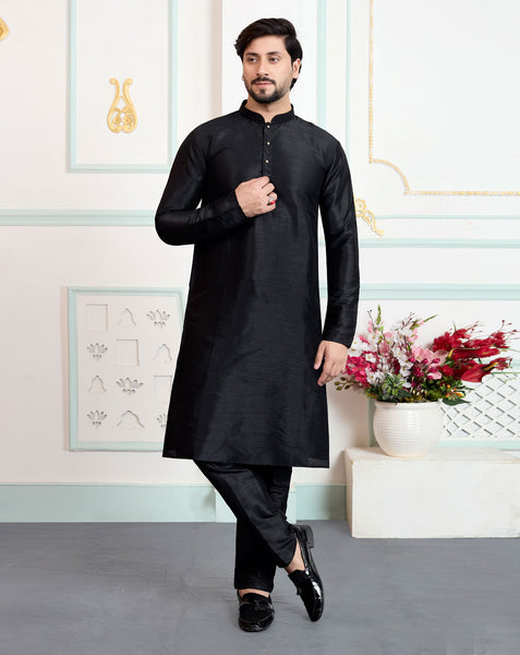 Black Art Silk Readymade Men Kurta Pajama Set