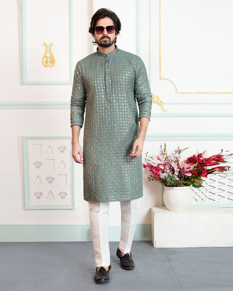 Green Art Silk Men Kurta Pajama Set