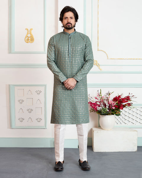 Green Art Silk Men Kurta Pajama Set