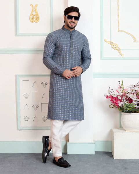 Grey Art Silk Men Kurta Pajama Set