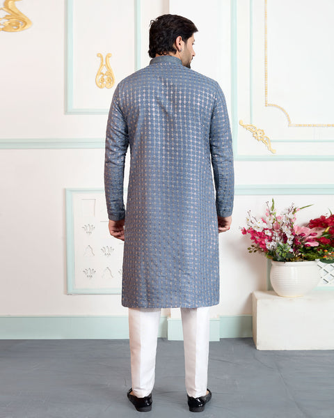 Grey Art Silk Men Kurta Pajama Set