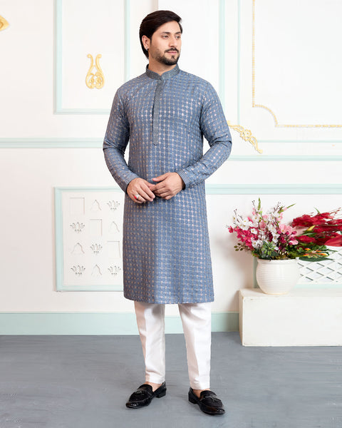 Grey Art Silk Men Kurta Pajama Set