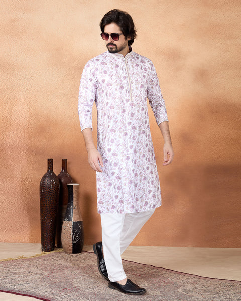 Purple & White Art Silk Men Kurta Pajama Set