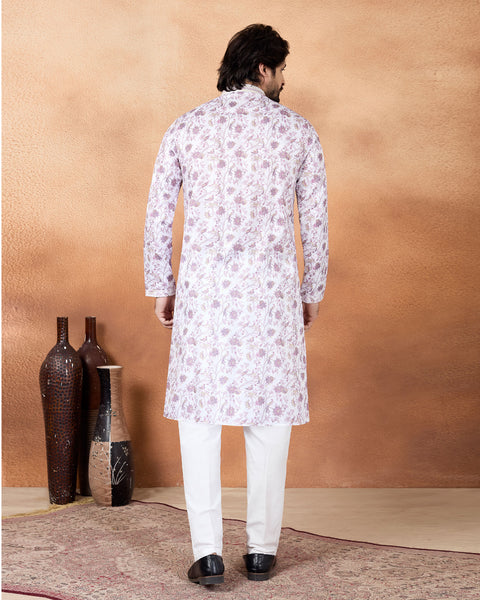 Purple & White Art Silk Men Kurta Pajama Set