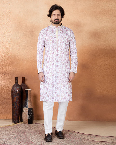 Purple & White Art Silk Men Kurta Pajama Set